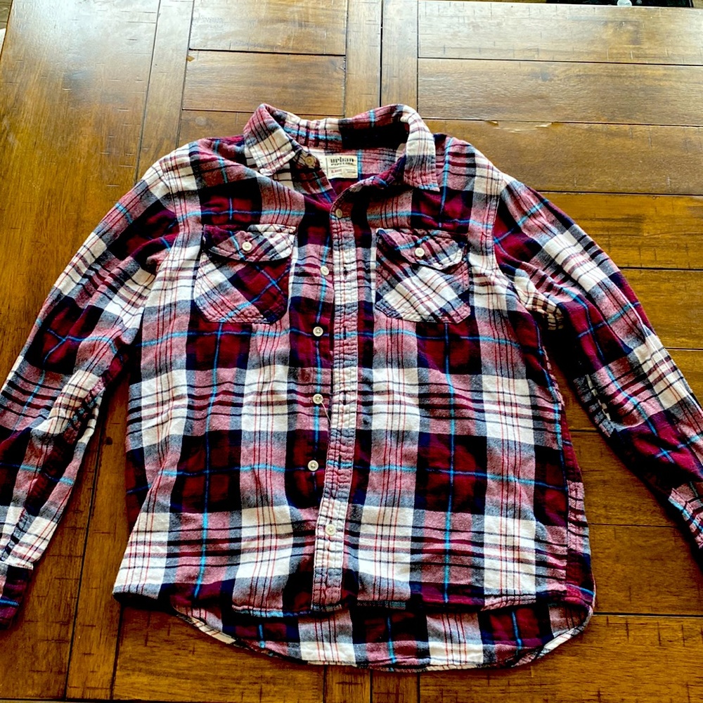 Maroon, white, and blue flannel